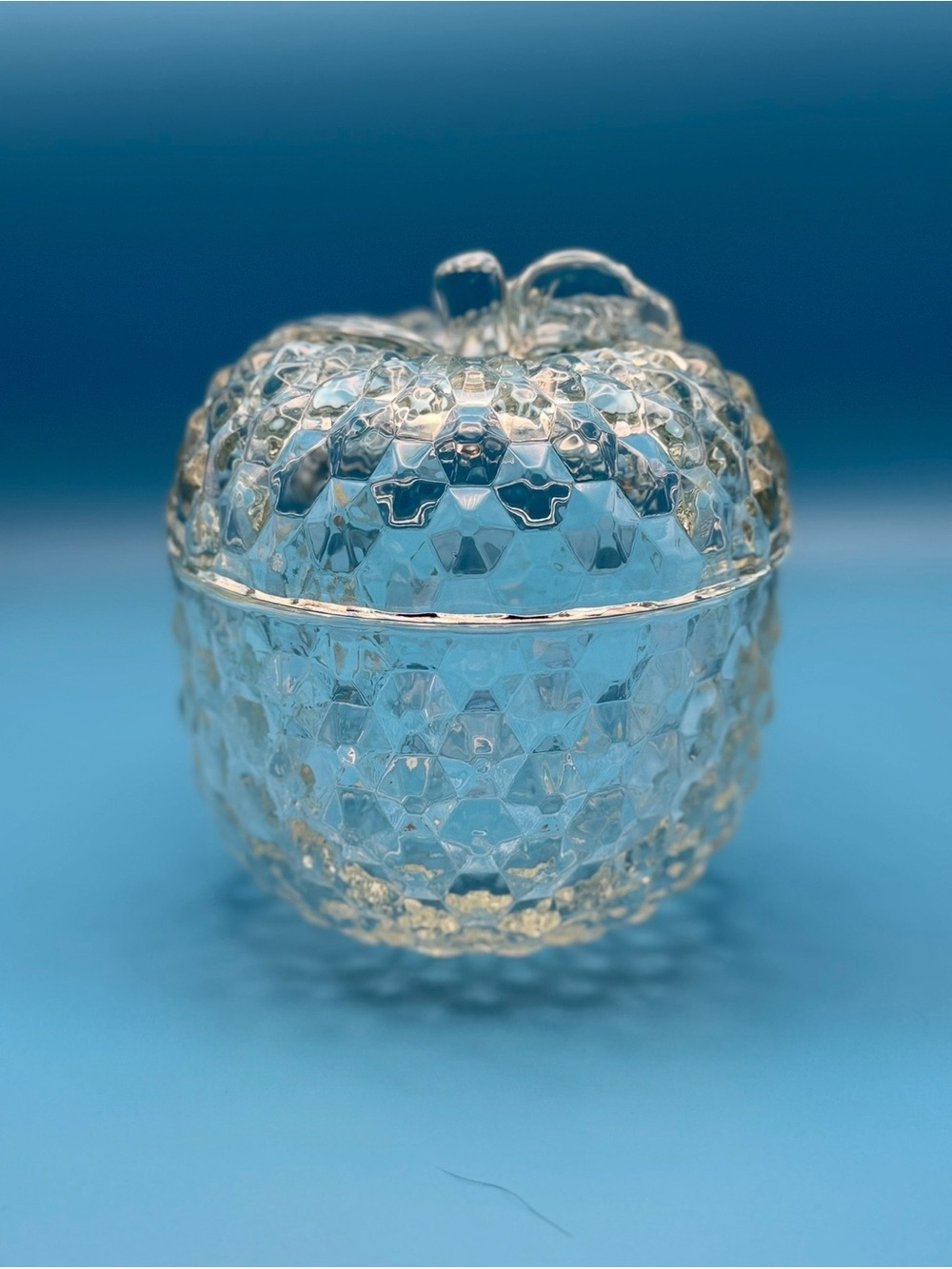 Vintage Jeanette Glass Charming Apple Candy Dish w/ Lid Clear Fall Decor